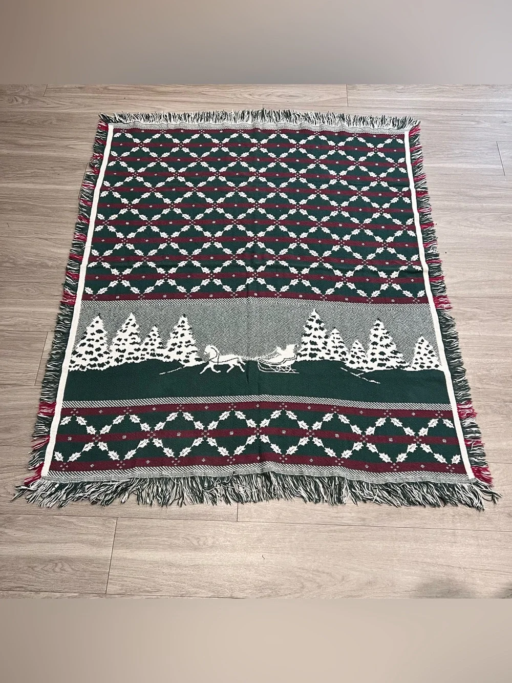 Vintage Christmas Horse Sleigh Woven Throw Blanket Reversible Fringe